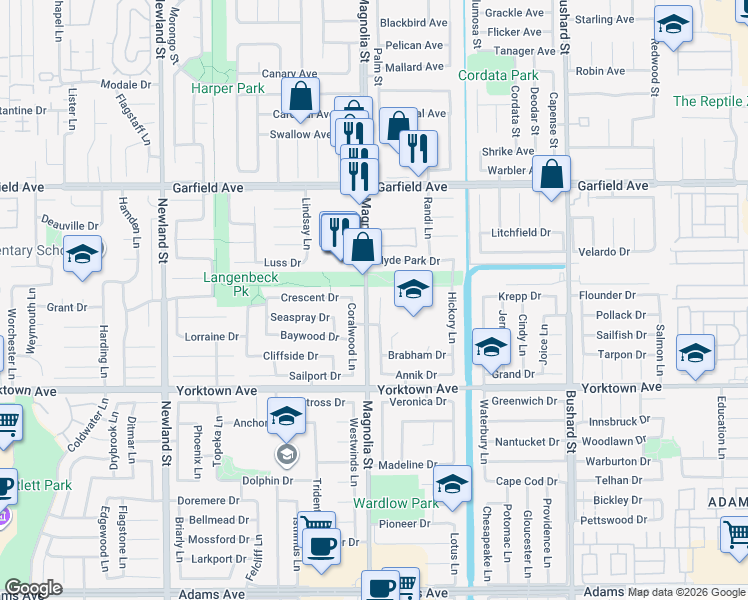 map of restaurants, bars, coffee shops, grocery stores, and more near 19282 McLaren Lane in Huntington Beach