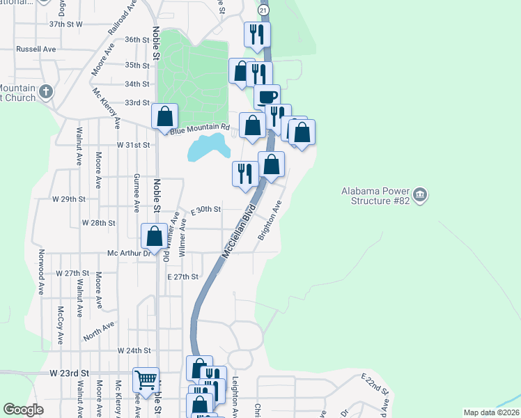 map of restaurants, bars, coffee shops, grocery stores, and more near 2905 McClellan Boulevard in Anniston