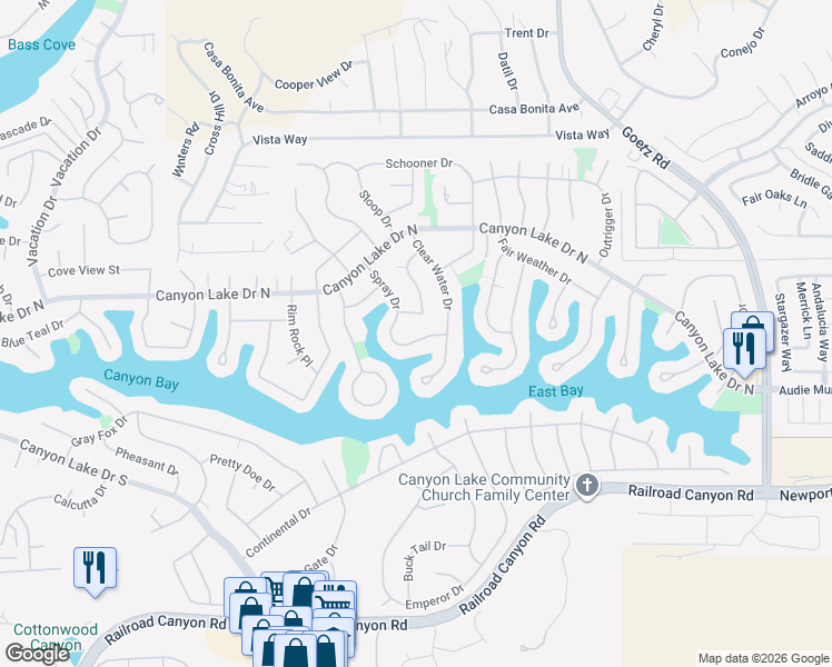 map of restaurants, bars, coffee shops, grocery stores, and more near 30324 Spray Drive in Canyon Lake