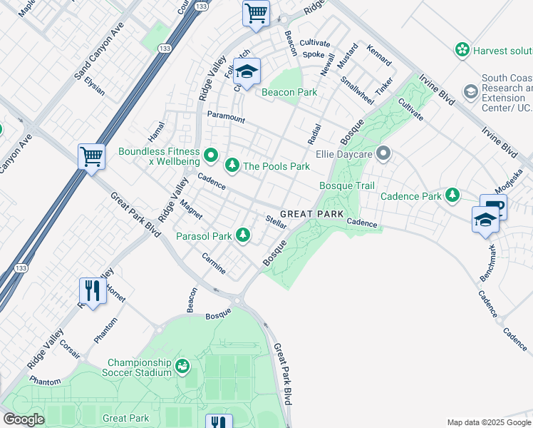 map of restaurants, bars, coffee shops, grocery stores, and more near 175 Stellar in Irvine