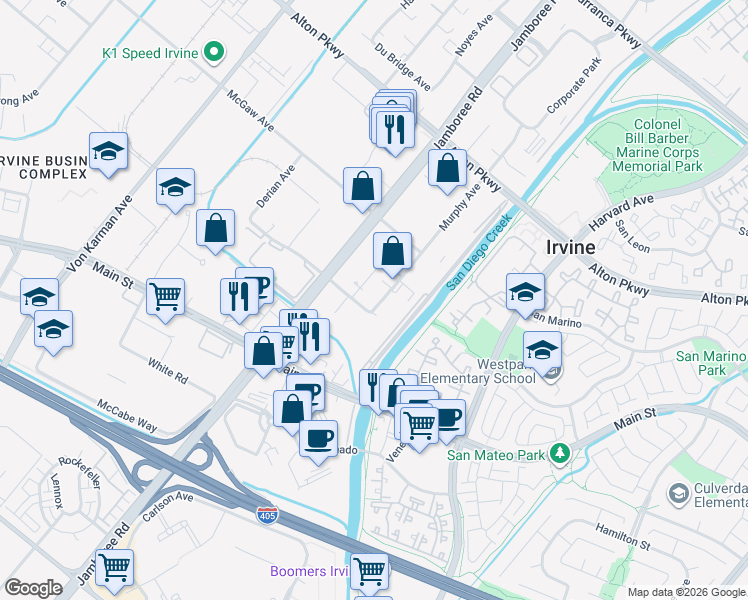 map of restaurants, bars, coffee shops, grocery stores, and more near 2853 Kelvin Avenue in Irvine