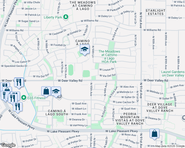 map of restaurants, bars, coffee shops, grocery stores, and more near 9428 West Via Del Sol in Peoria