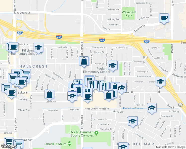map of restaurants, bars, coffee shops, grocery stores, and more near 1156 Paularino Avenue in Costa Mesa