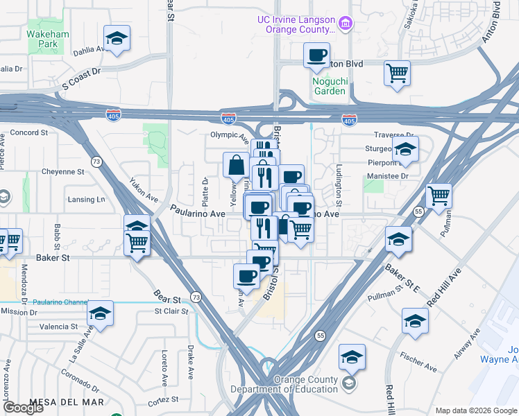 map of restaurants, bars, coffee shops, grocery stores, and more near 720 Paularino Avenue in Costa Mesa