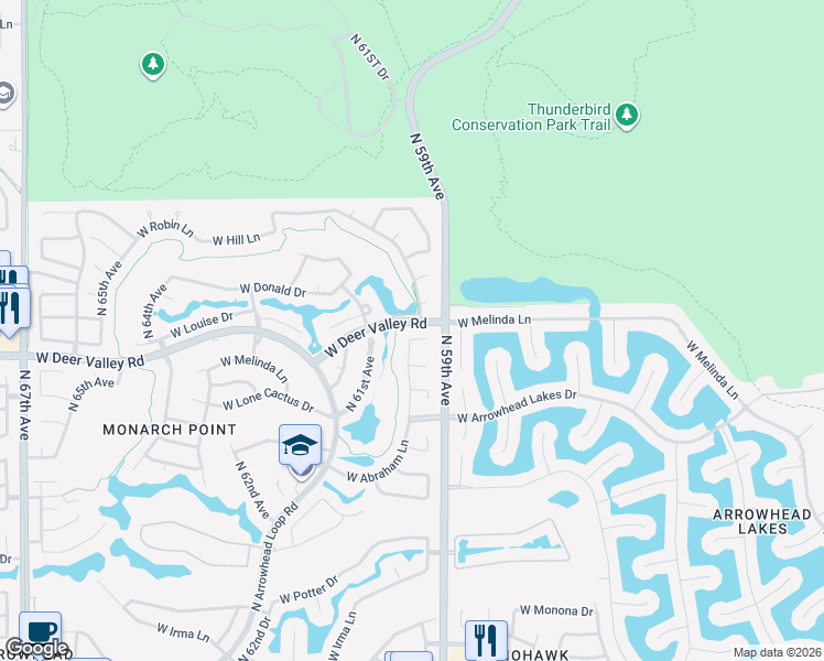map of restaurants, bars, coffee shops, grocery stores, and more near 5966 West Melinda Lane in Glendale