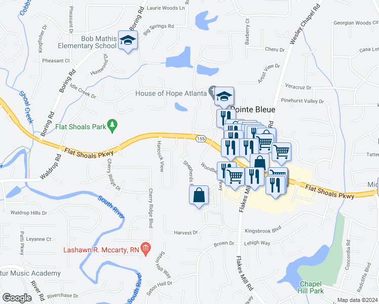 map of restaurants, bars, coffee shops, grocery stores, and more near 3783 Bishop Court in Decatur