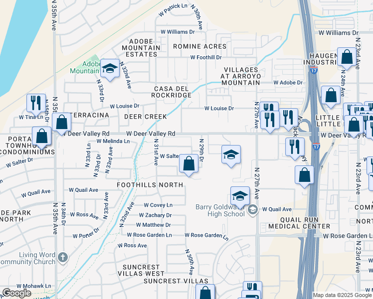 map of restaurants, bars, coffee shops, grocery stores, and more near 3016 West Salter Drive in Phoenix