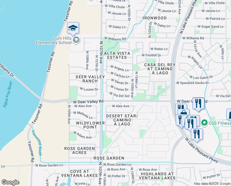 map of restaurants, bars, coffee shops, grocery stores, and more near 10615 West Via Del Sol in Peoria