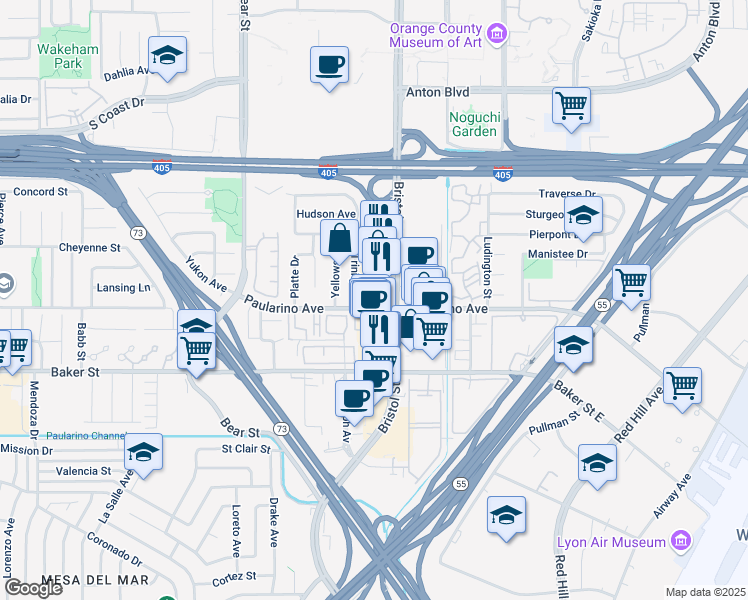 map of restaurants, bars, coffee shops, grocery stores, and more near 720 Paularino Avenue in Costa Mesa
