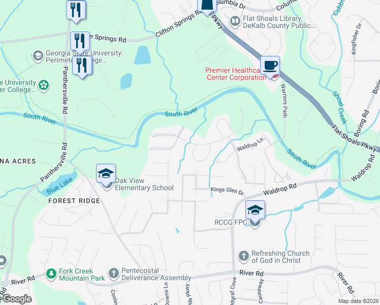 map of restaurants, bars, coffee shops, grocery stores, and more near 3487 Waldrop Trail in Decatur