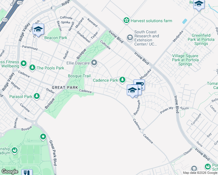 map of restaurants, bars, coffee shops, grocery stores, and more near 151 Scale in Irvine