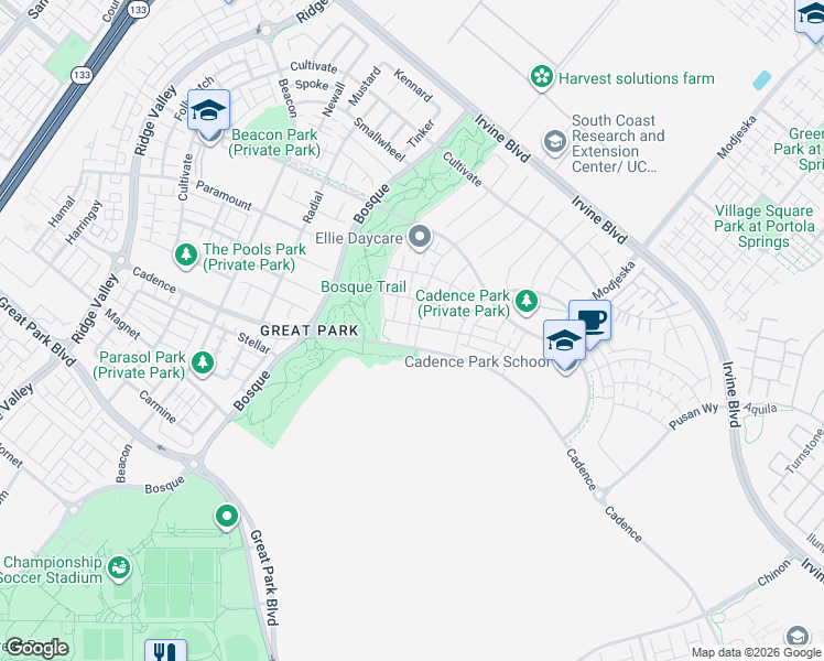 map of restaurants, bars, coffee shops, grocery stores, and more near 126 Scale in Irvine