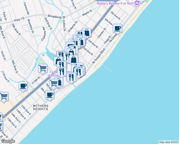 map of restaurants, bars, coffee shops, grocery stores, and more near 101 South Ocean Boulevard in Myrtle Beach