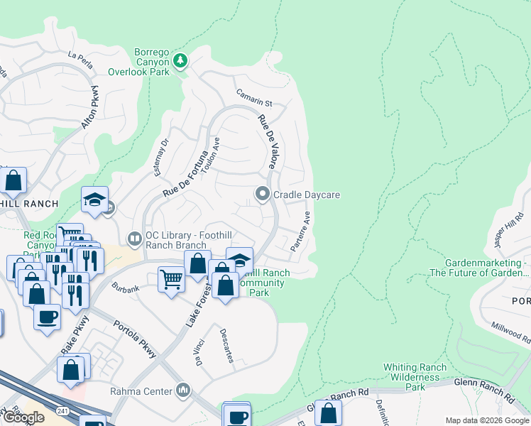 map of restaurants, bars, coffee shops, grocery stores, and more near 17 Chaumont Circle in Lake Forest