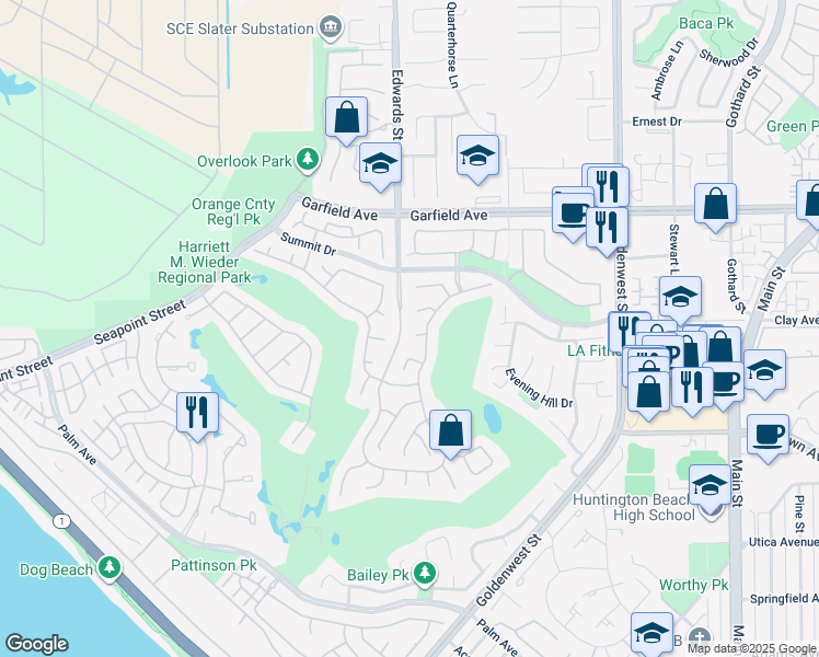 map of restaurants, bars, coffee shops, grocery stores, and more near 6525 Fremont Circle in Huntington Beach
