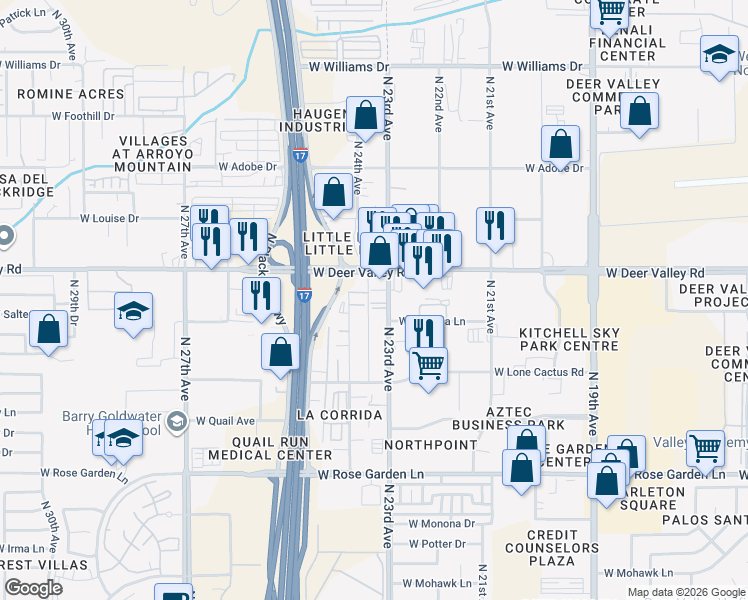 map of restaurants, bars, coffee shops, grocery stores, and more near 21623 North 24th Avenue in Phoenix