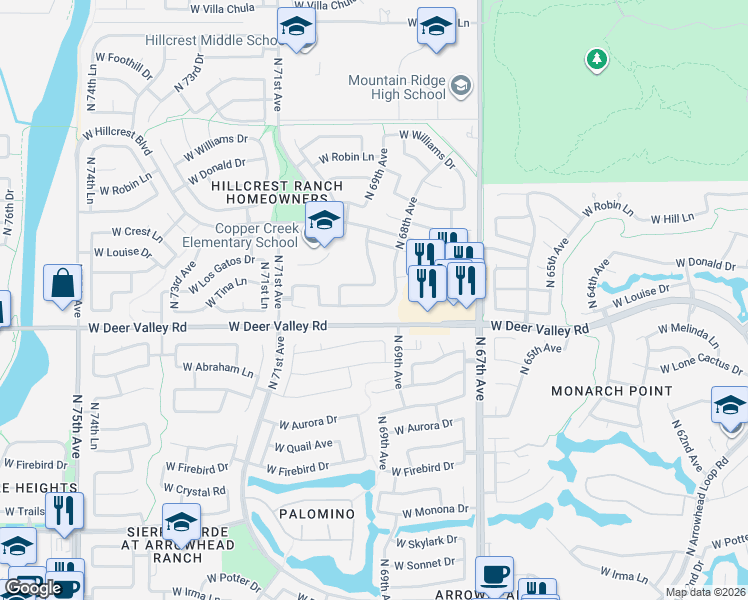 map of restaurants, bars, coffee shops, grocery stores, and more near 6896 West Via Del Sol Drive in Glendale