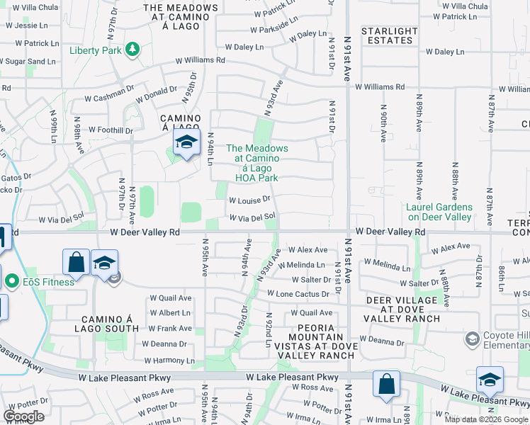 map of restaurants, bars, coffee shops, grocery stores, and more near 9317 West Via Del Sol in Peoria