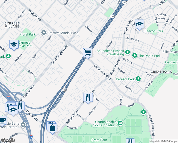 map of restaurants, bars, coffee shops, grocery stores, and more near 114 Full Sun in Irvine
