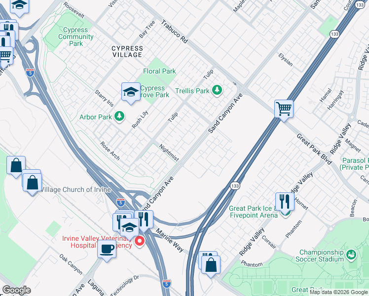 map of restaurants, bars, coffee shops, grocery stores, and more near 53 Granite Path in Irvine