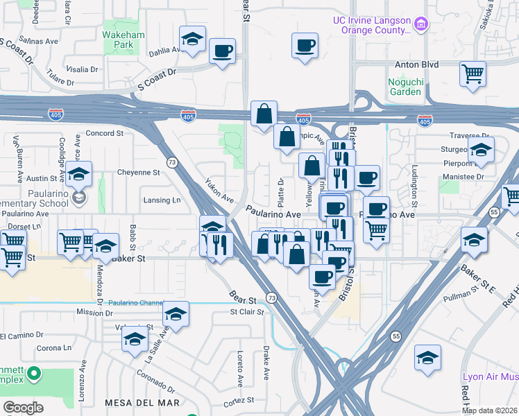 map of restaurants, bars, coffee shops, grocery stores, and more near 805 Spirit in Costa Mesa