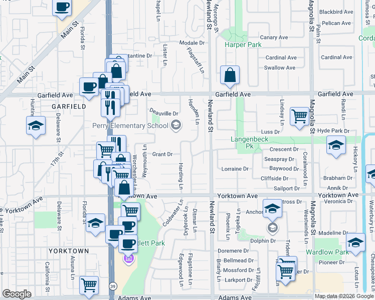 map of restaurants, bars, coffee shops, grocery stores, and more near 19282 Harding Lane in Huntington Beach