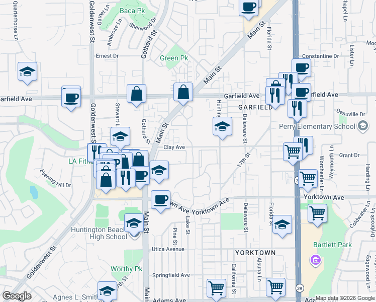 map of restaurants, bars, coffee shops, grocery stores, and more near 19311 Sunray Lane in Huntington Beach