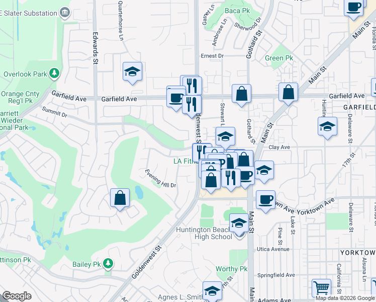 map of restaurants, bars, coffee shops, grocery stores, and more near 6972 Lawn Haven Drive in Huntington Beach