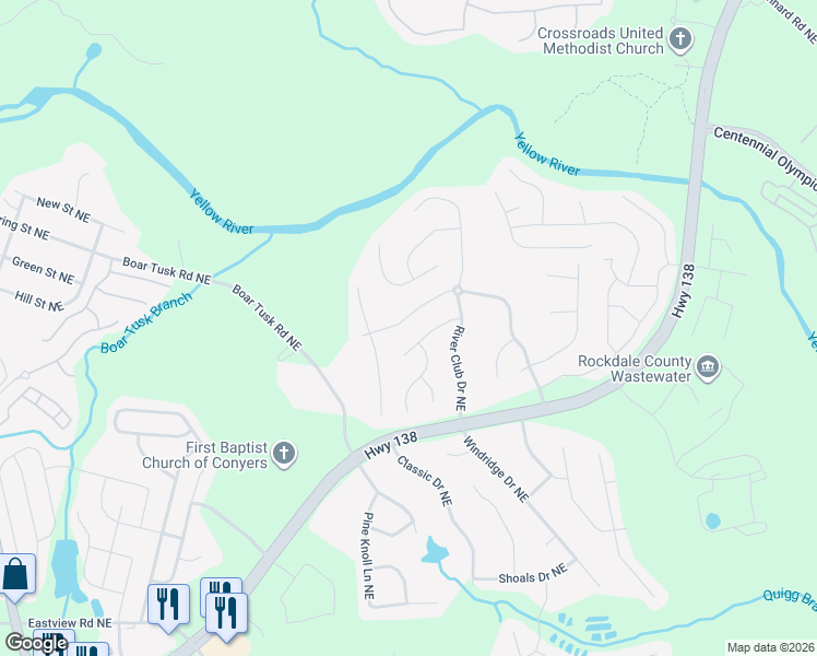 map of restaurants, bars, coffee shops, grocery stores, and more near 1468 Queenie Smith Road Northeast in Conyers