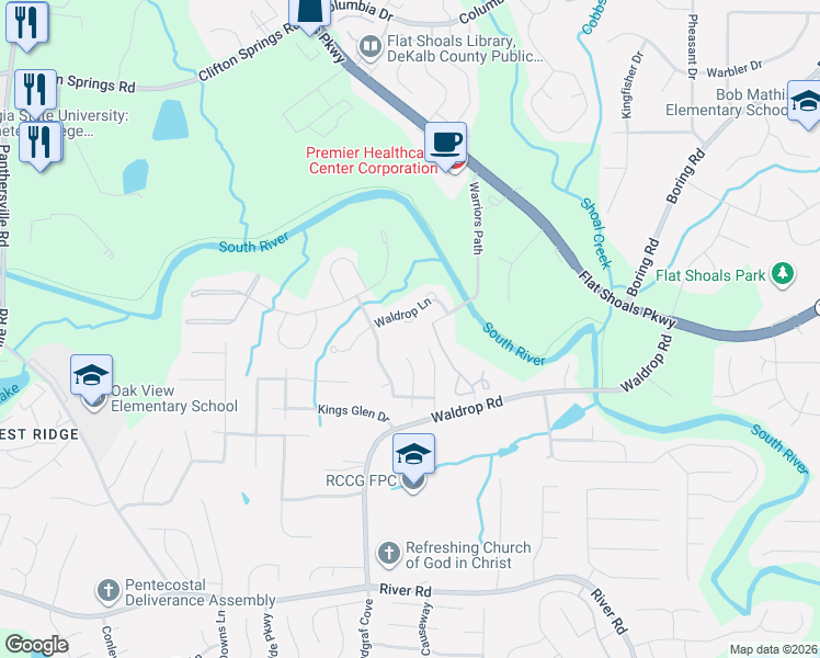 map of restaurants, bars, coffee shops, grocery stores, and more near 3814 Waldrop Lane in Decatur