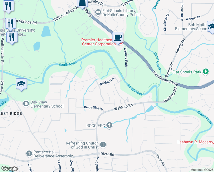 map of restaurants, bars, coffee shops, grocery stores, and more near 3820 Waldrop Lane in Decatur