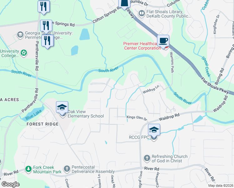 map of restaurants, bars, coffee shops, grocery stores, and more near 3516 Waldrop Trail in Decatur