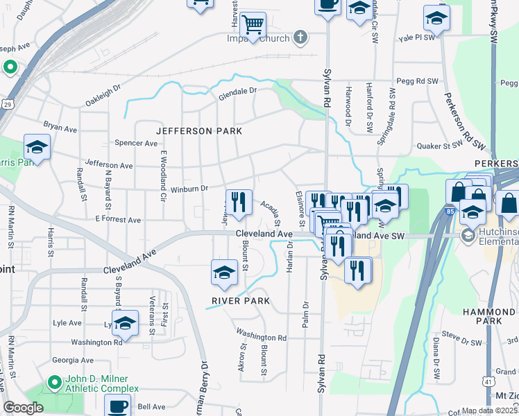 map of restaurants, bars, coffee shops, grocery stores, and more near 2652 Blount Street in East Point