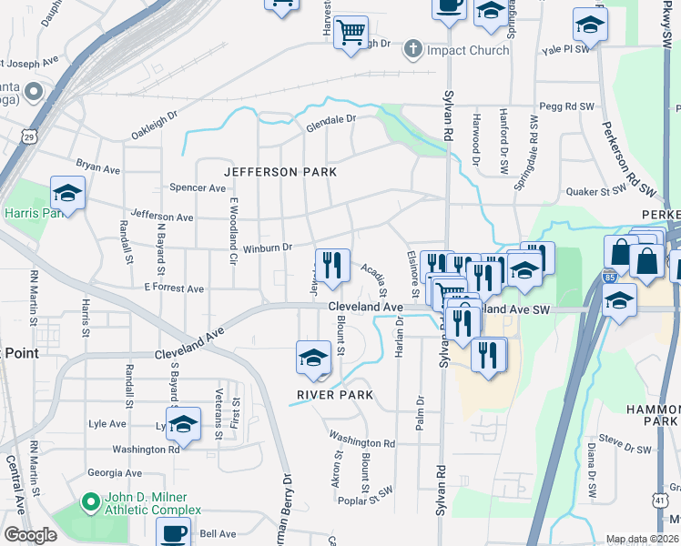map of restaurants, bars, coffee shops, grocery stores, and more near 2652 Blount Street in East Point