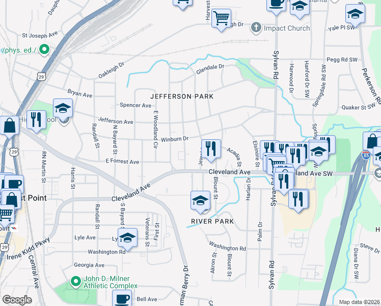 map of restaurants, bars, coffee shops, grocery stores, and more near 2652 Batavia Street in East Point