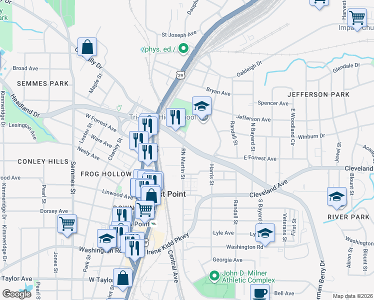 map of restaurants, bars, coffee shops, grocery stores, and more near 1488 East Forrest Avenue in Atlanta