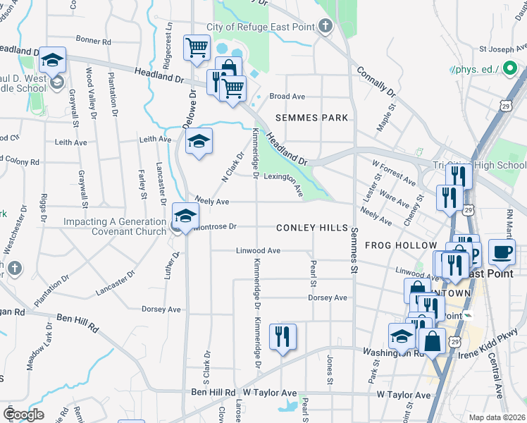 map of restaurants, bars, coffee shops, grocery stores, and more near 2666 Kimmeridge Drive in East Point