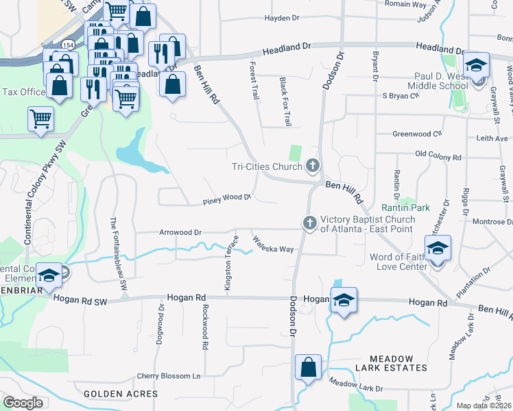 map of restaurants, bars, coffee shops, grocery stores, and more near 2710 Piney Wood Drive in East Point