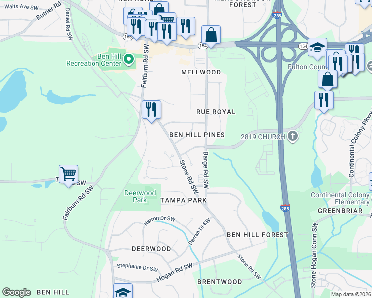 map of restaurants, bars, coffee shops, grocery stores, and more near 3651 Hampshire Park Way in Atlanta