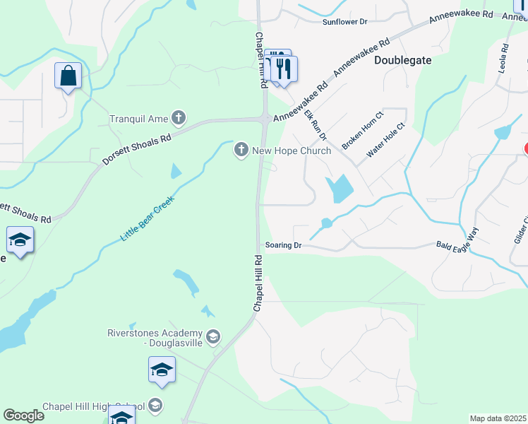 map of restaurants, bars, coffee shops, grocery stores, and more near 4299 High Country Drive in Douglasville
