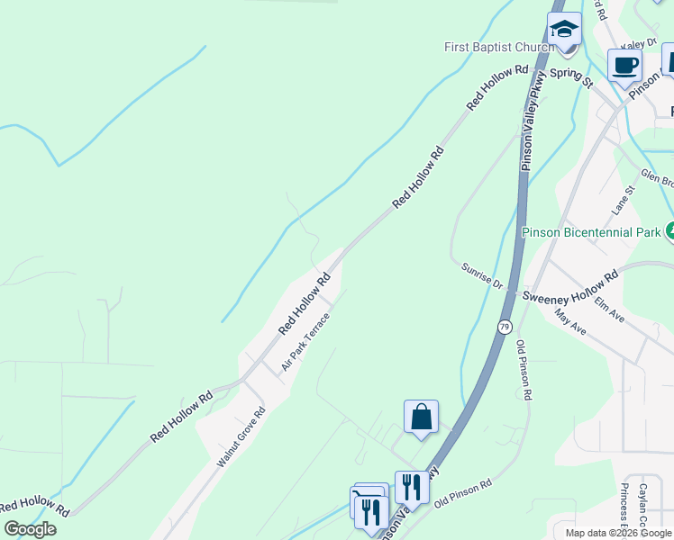map of restaurants, bars, coffee shops, grocery stores, and more near 6155 Red Hollow Road in Birmingham