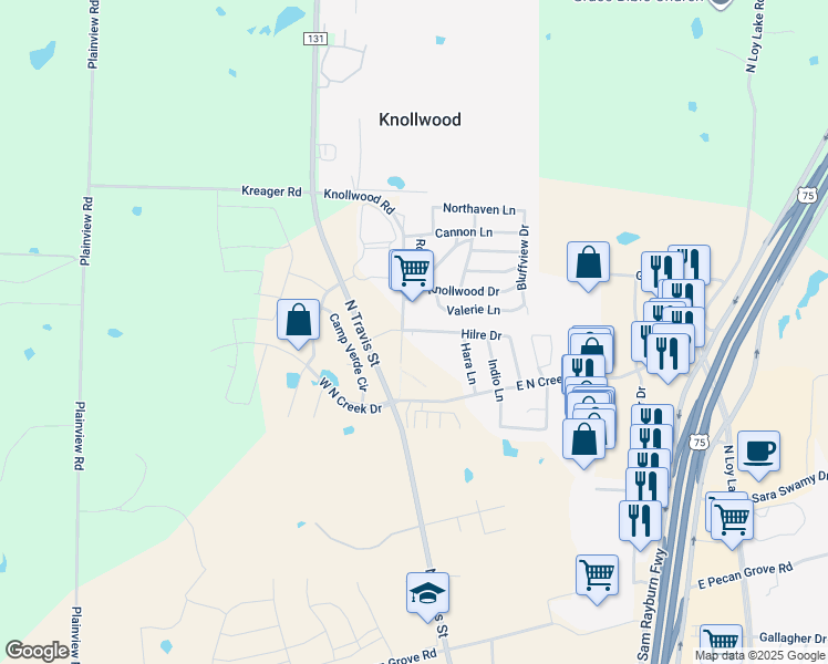 map of restaurants, bars, coffee shops, grocery stores, and more near 223 Knollwood Road in Sherman