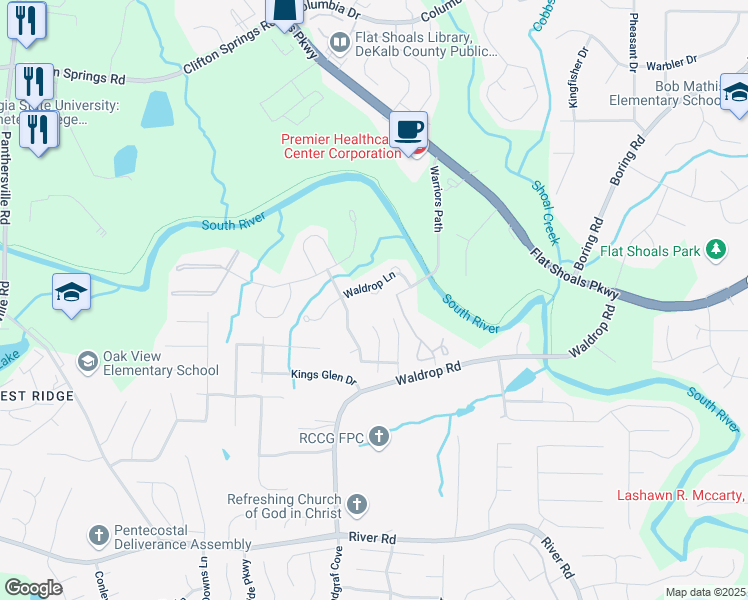 map of restaurants, bars, coffee shops, grocery stores, and more near 3820 Waldrop Lane in Decatur