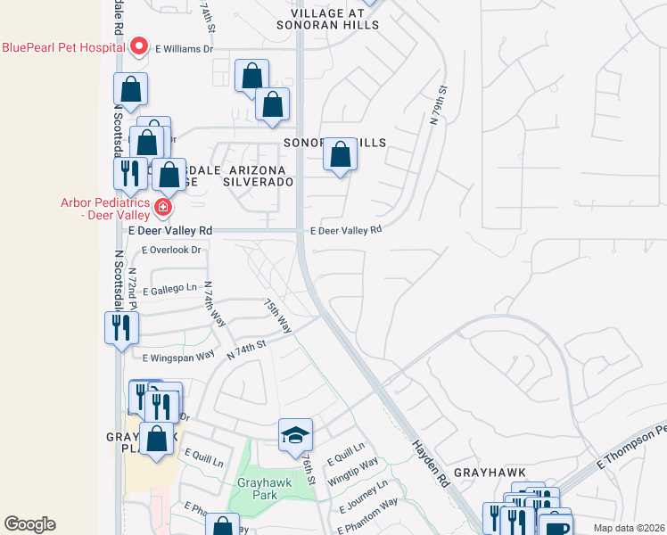 map of restaurants, bars, coffee shops, grocery stores, and more near 7674 East Fledgling Drive in Scottsdale