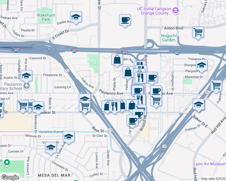 map of restaurants, bars, coffee shops, grocery stores, and more near 3071 Platte Drive in Costa Mesa
