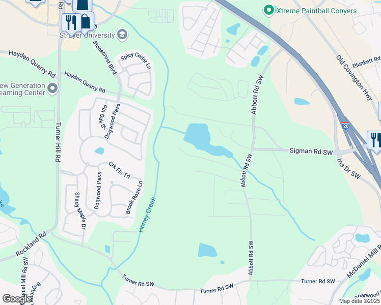 map of restaurants, bars, coffee shops, grocery stores, and more near 2753 Lakeside Drive Southwest in Conyers