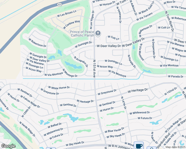 map of restaurants, bars, coffee shops, grocery stores, and more near 15106 West Horseman Lane in Sun City West