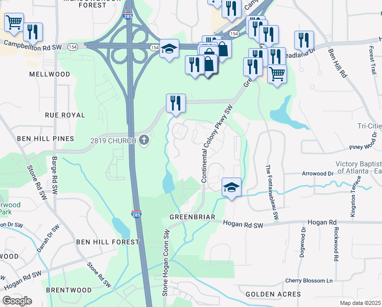 map of restaurants, bars, coffee shops, grocery stores, and more near 3033 Continental Colony Parkway Southwest in Atlanta