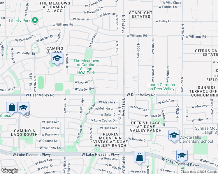 map of restaurants, bars, coffee shops, grocery stores, and more near 9173 West Via Del Sol in Peoria