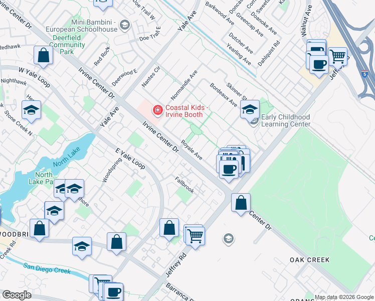 map of restaurants, bars, coffee shops, grocery stores, and more near 5192 Royale Avenue in Irvine